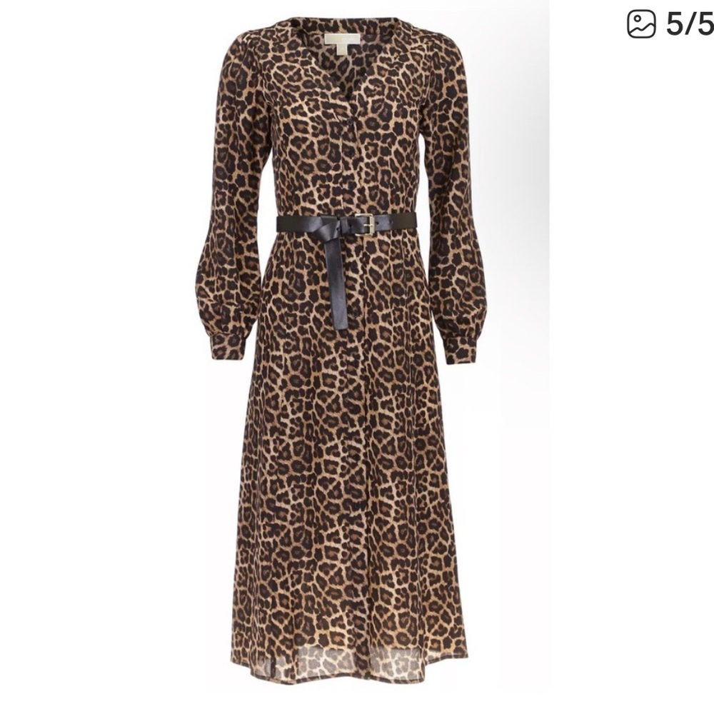 Michael Kors Leopard-Print Long Sleeve Midi Dress - M